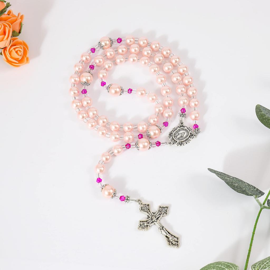 Магазин Назарет Розовый жемчуг Четки Католическое ожерелье Чудотворная медаль Крест Серебристый тон Четки в бархатном мешочке