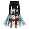 Christmas Print Flare Dress For Women Long Sleeve Dress Hollow Party Casual Dresses