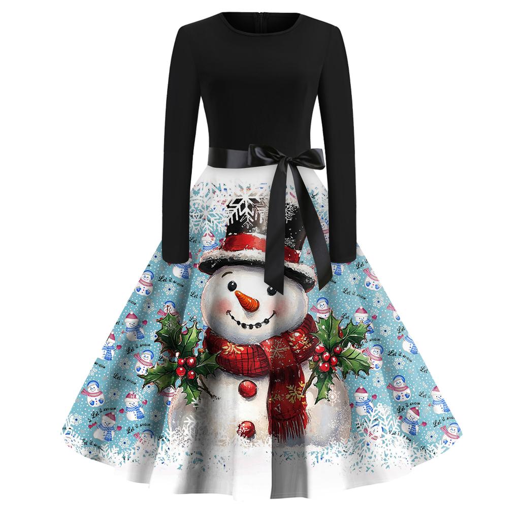 Christmas Print Flare Dress For Women Long Sleeve Dress Hollow Party Casual Dresses