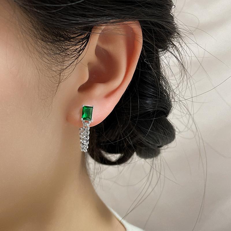 Flash Diamond Square Diamond Stud Earrings Long Fashionable Retro Thai Silver Antique Texture Atmospheric Emerald Chain Earrings Rear Hanging Type