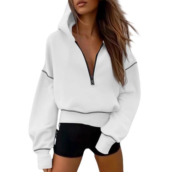 Women Short Sweatshirt Solid Color Long Sleeve Pullover Hooded Sweatshirt Loose Fit Zipper Half Placket Tops