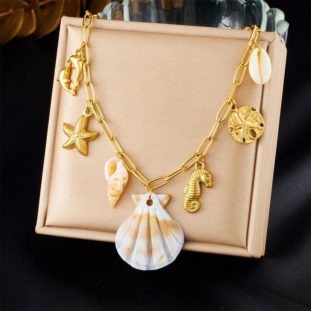 DIEYURO 316L Stainless Colored Sea Shell Conch Sea Stars Pearl Pendant Necklace Lady New Fashion Neck Chain Jewelry Party Gift