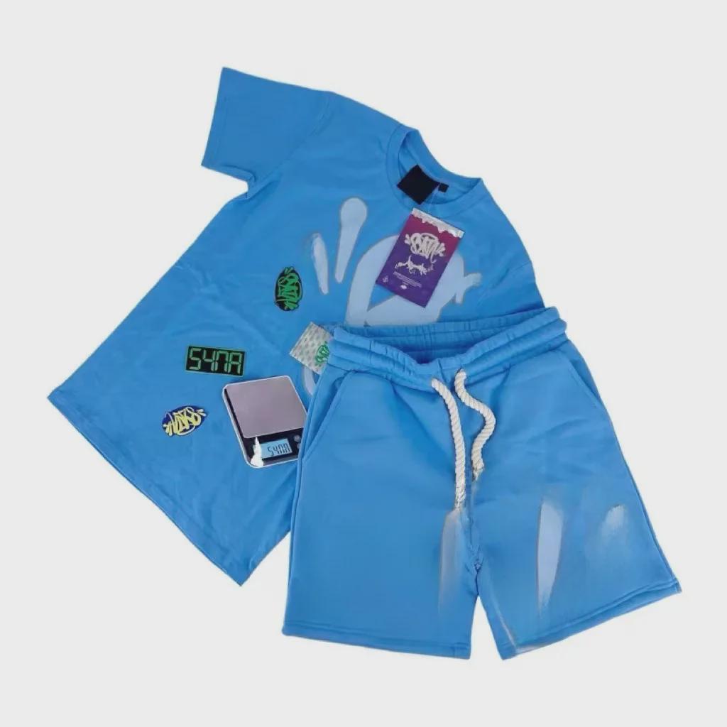 Мужской готический комплект из 2 предметов Y2K: Футболка с круглым вырезом и принтом в стиле хип-хоп + шорты с широкими штанинами на шнурке