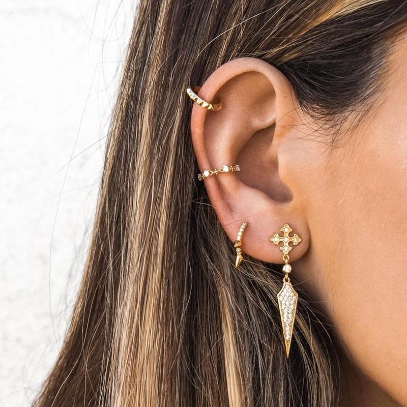 Серьги-гвоздики из золота и серебра для женщин, винтажные, с фианитами и цирконами, необычные, длинные, серьги-подвески, ювелирные изделия, серьги для девочек, оптовая продажа