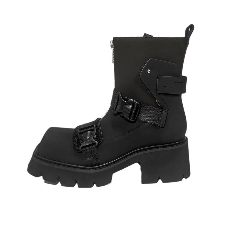2024 Европейский стиль квадратный носок толстый каблук мотоциклетные ботинки женские кожаные молния спереди короткий ремень пряжка модные ботинки челси