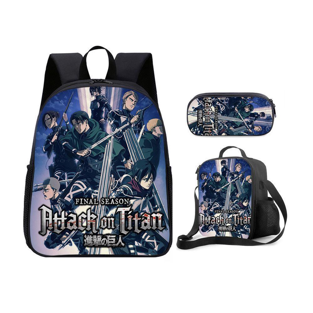 Attack on Titan Elementary and Middle School Student Backpack Messenger Bag Pencil Case 3-Piece Set Anime Bags Waterproof Large Capacity