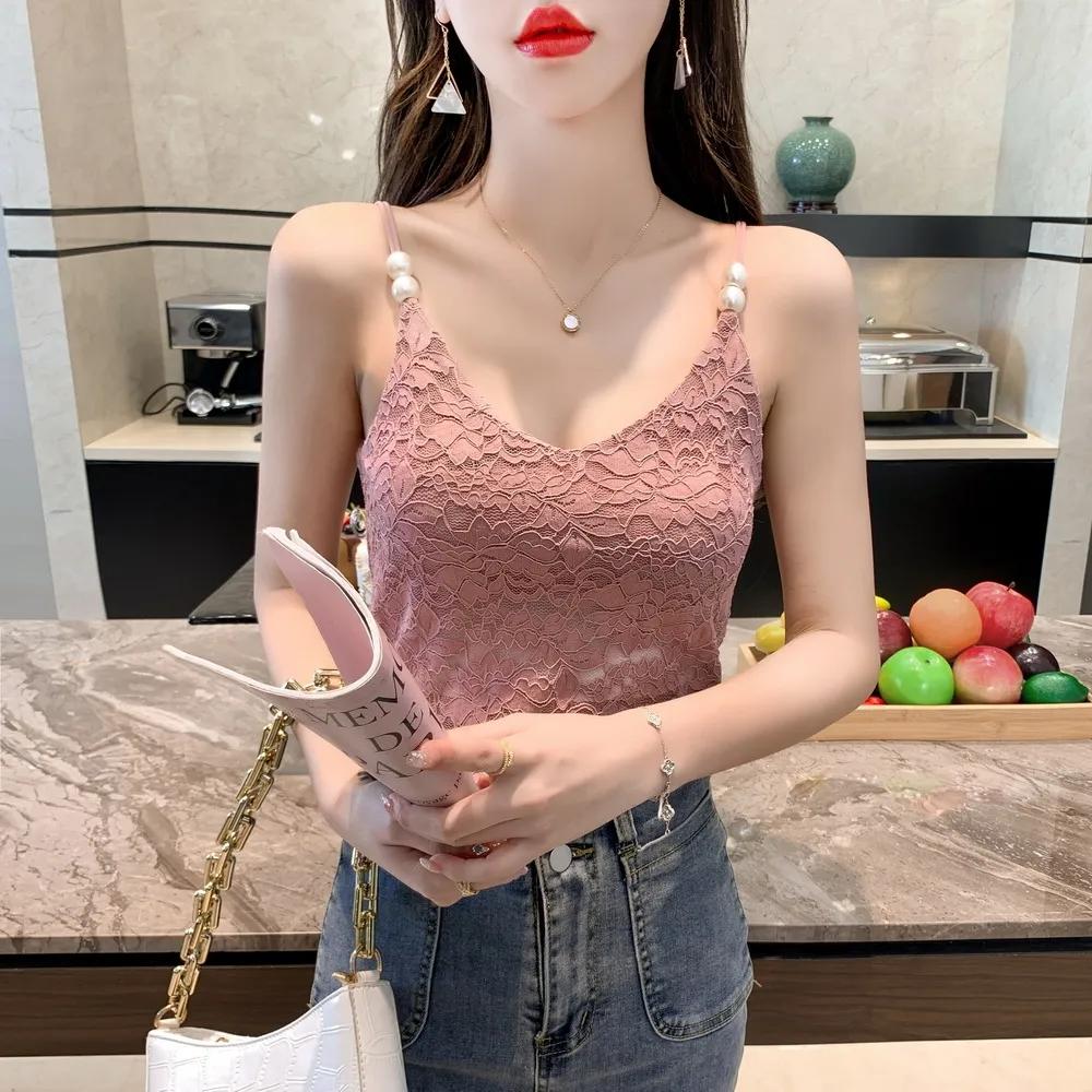 V-neck Camisole Lace Pearl Camisole Sexy Bandeau Tube Top Slim Undershirt Over Suit Underneath Tank Top