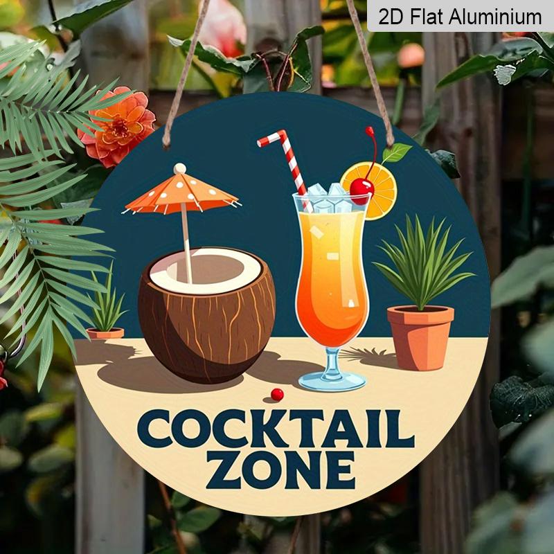 2D Flat 1pc, 8x8 in, Vibrant Tropical Drink Aluminum Metal Decorative Signs & Plaques, Coconut, Umbrella, and Refreshing Beverage Design for Living