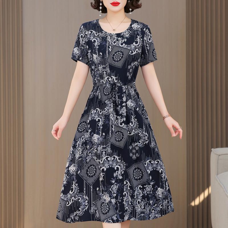 Plus Size Casual Summer Women's Dresses Elegant Slim Short Sleeve Vintage Print Long Dress Female Summer Clothes