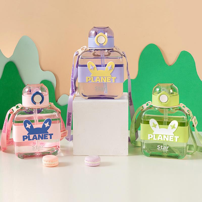 Water bottle1 plastic cup cute square cup new clear rabbit ear plastic cup strap kettle plastic cup manufacturer