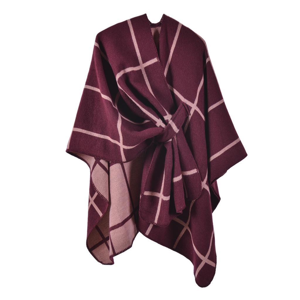 New Autumn and Winter Split-ended Warm Shawl European and American Classic Plaid Cloak with Straps and Cardigan