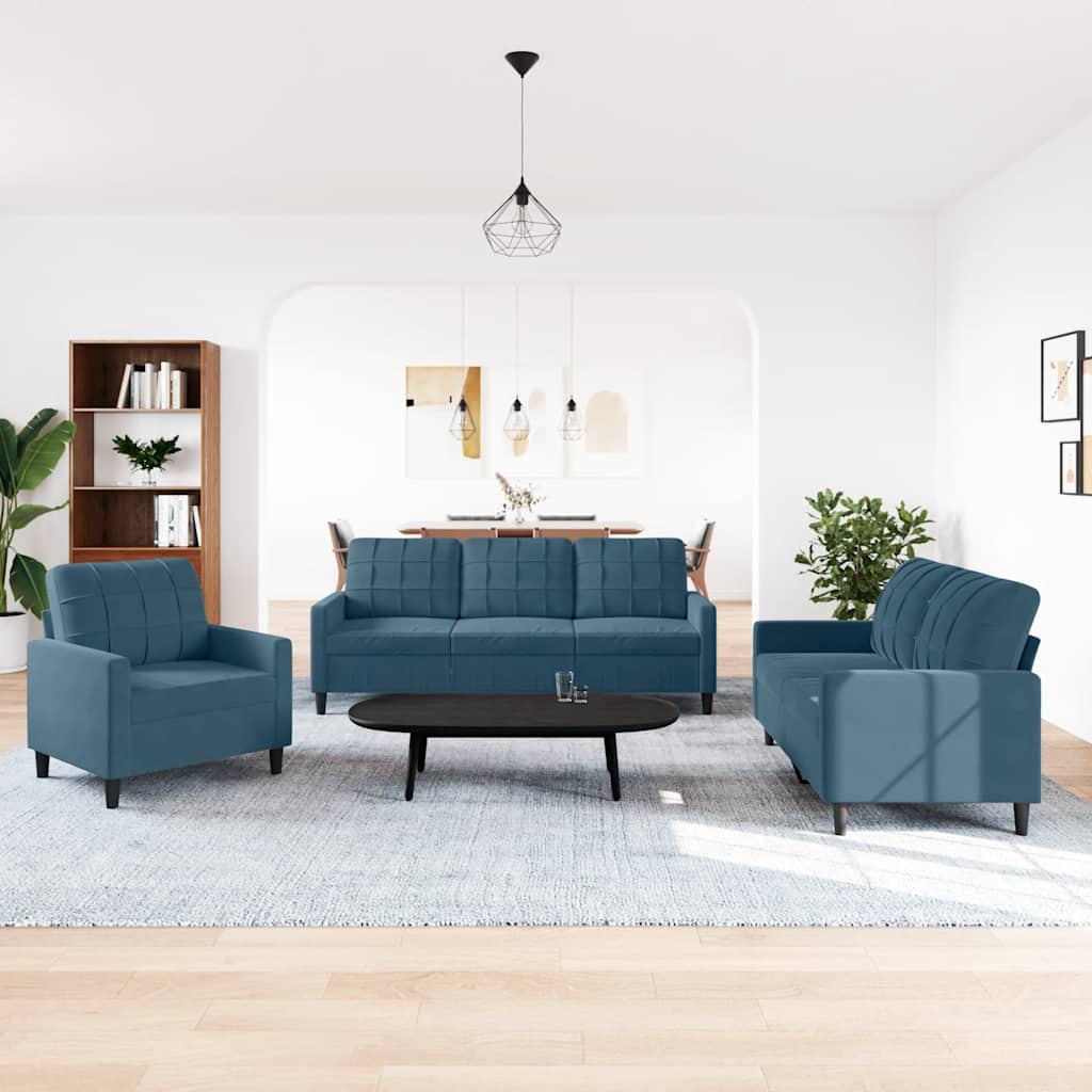 3 Piece Sofa Set with Cushions Blue Velvet