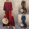 Women Cotton Print Linen  Sleeve Long Dress Printed Contrast Dress