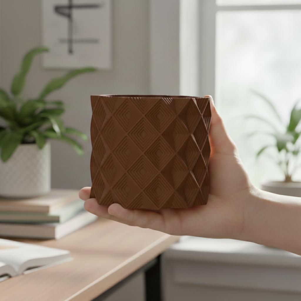 Brown geometric 3D flowerpot, modern plant cover