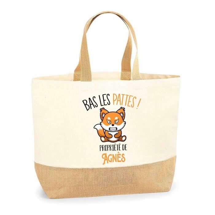 Planetee Sac jute Agnès Bas les pattes Renard - Cabas de Plage Fête des mères Courses Coton et Toile de Jute Idée Cadeau