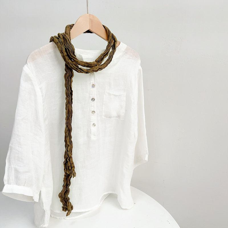 Retro Pleated Ramie Scarf Slender And Narrow Long Silk Scarf Japanese Mori Women Versatile Extended Neck Protector Scarf Shawl