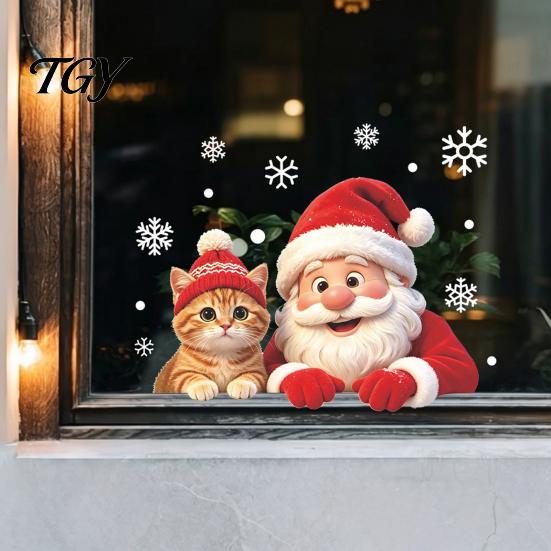 Holiday Glass Decals Christmas Santa Cat Window Sticker, Snowflake Xmas Decal, Waterproof Seasonal Pet Lover Gifts Self-Adhesive Decor for Balcony