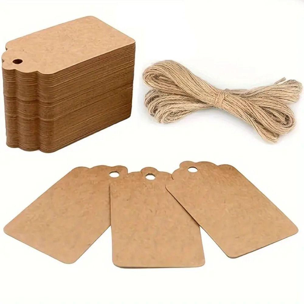 100Pcs Vintage DIY Scallop Label with String Kraft Paper Hang Tags Clothes Packaging