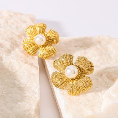 Серьги-гвоздики с текстурой жемчужного цветка для женщин, золотистого цвета, из нержавеющей стали