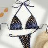 2Pcs/Set Women Sexy Bikini Set Leopard Print Halter Bra Faux Pearls Briefs
