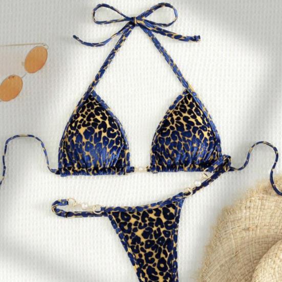 2Pcs/Set Women Sexy Bikini Set Leopard Print Halter Bra Faux Pearls Briefs