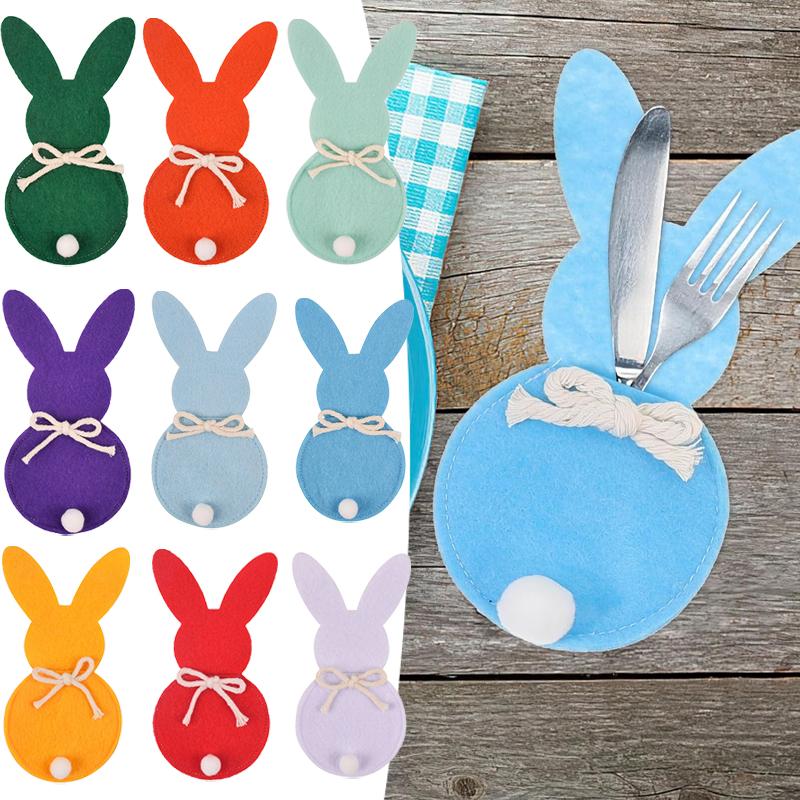6PCS/Set Easter Bunny Felt Cutlery Holder Bag Tableware Knife Fork Cover Bag Party Accessories Happy Easter Party Decorations
