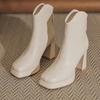 Версия из мягкой кожи белые короткие ботильоны на высоком каблуке женские 2025 новые водонепроницаемые с квадратным носком на толстой подошве ботинки Мартин толстый каблук тонкие ботильоны