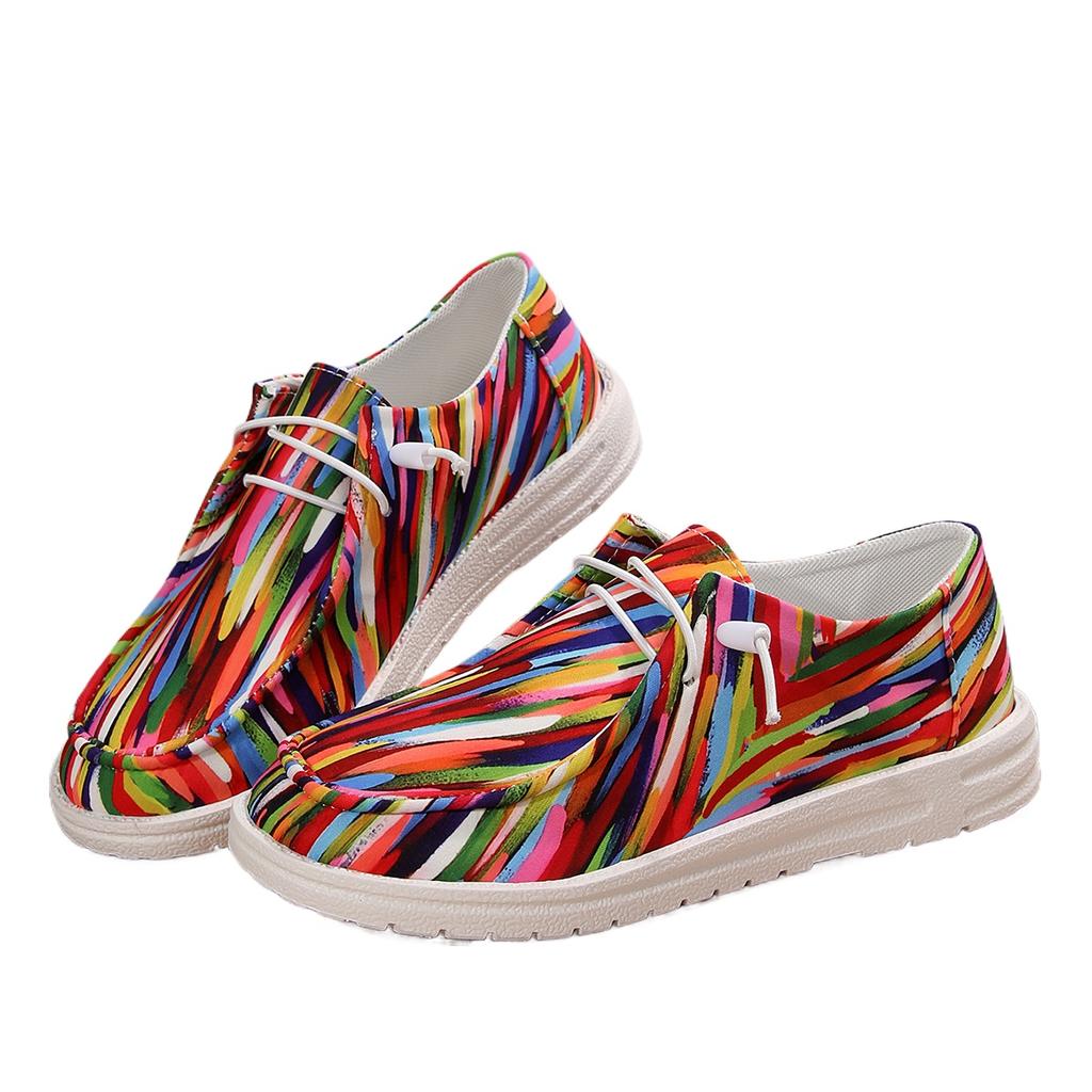 2024 Новые женские туфли из радужного холста, осенние новые повседневные женские туфли на плоской подошве с круглым носком, разноцветные кроссовки со шнуровкой и принтом