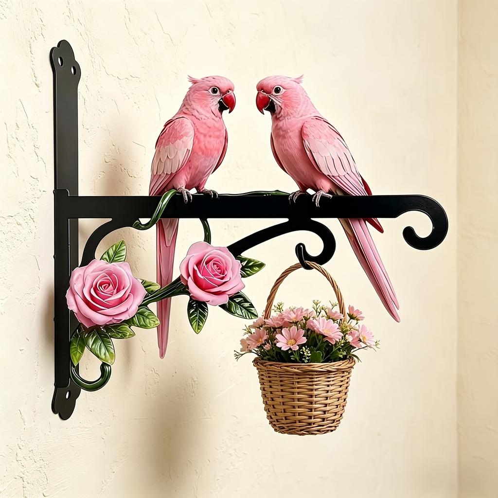 1Pc Metal Pink Wall Outdoor Hanger With Two Parrot Theme Design, Brightly Colored, Rust-Proof And Sun-Resistant, Comes With Mounting Screws, Very
