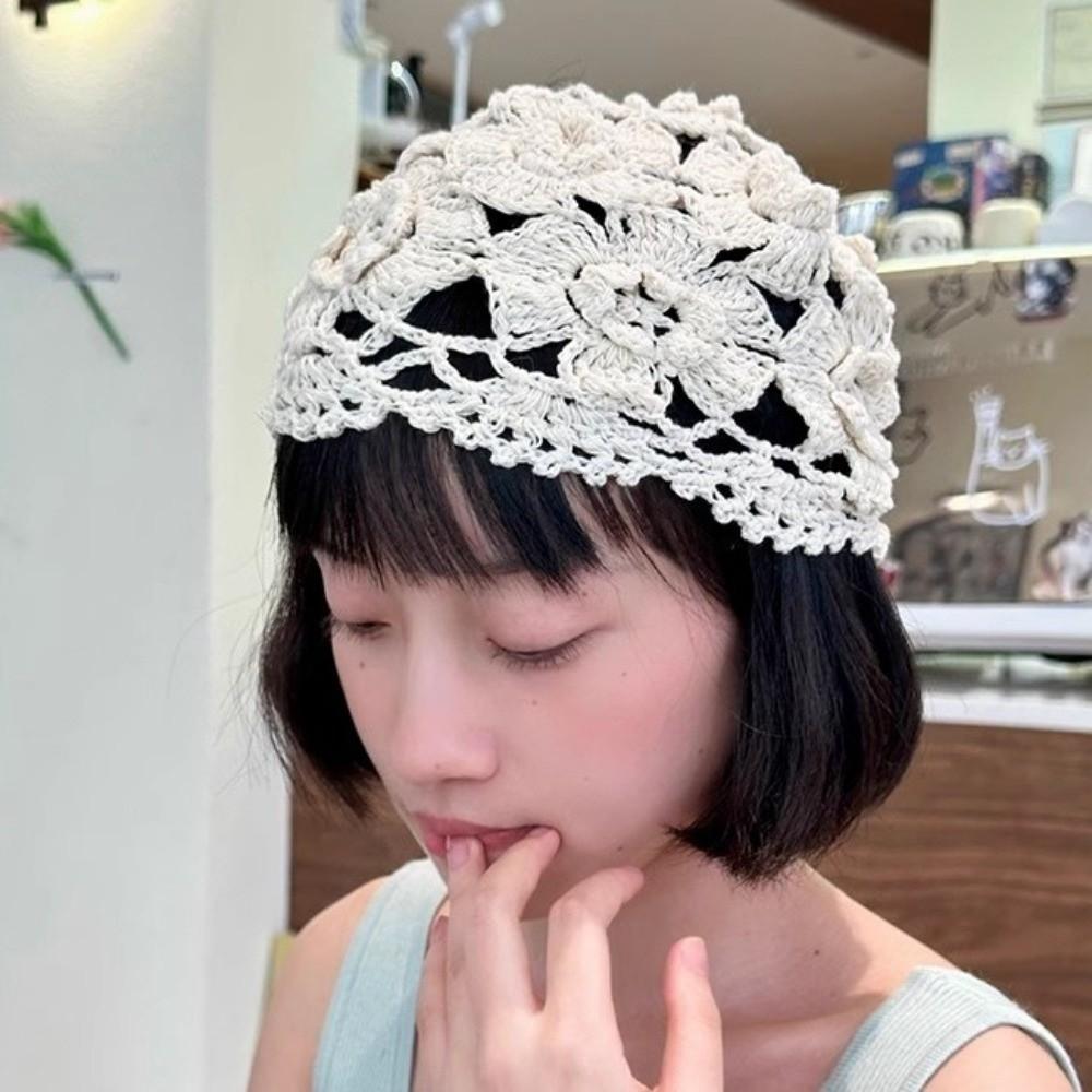 Handmade Crochet Flower Knitted Hat Bohemian Style Woven Cap Sweet Hollowed Out Beanie Cap Girls