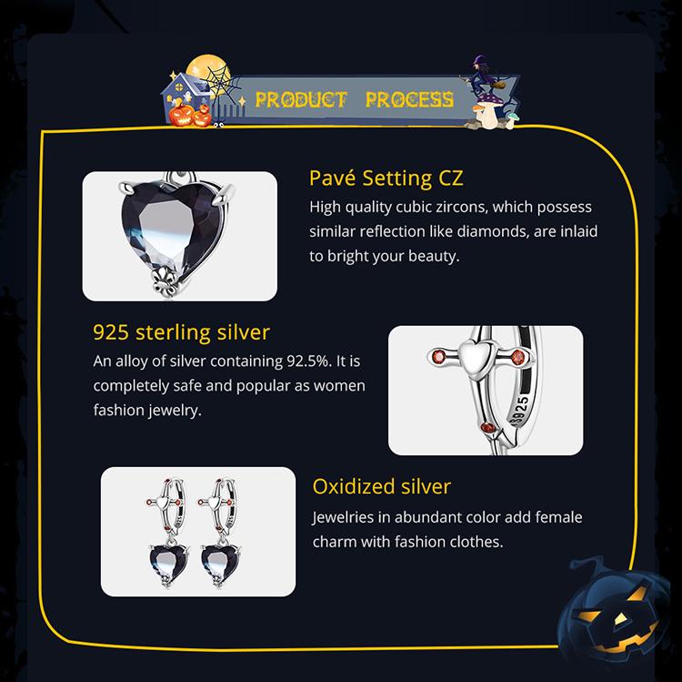 Женские серьги-кольца BAMOER из стерлингового серебра 925 пробы с сердцем, двухцветные черные серьги-кольца с кристаллами, висячие серьги с красным крестом, подарок на Хэллоуин