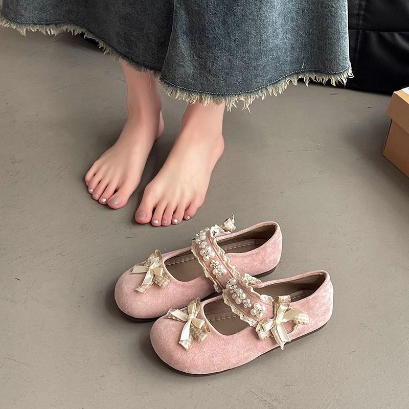 Inner Height Increase French Flat-bottomed Lace Bow Mary Jane Shoes Spring and Summer New Skirt Women's Casual Shoes