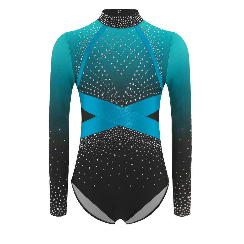 Girls Color Block Ballet Leotard Shiny Faux Diamonds Rhinestone Long Sleeve Gymnastics Ballerina Jumpsuit
