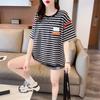 Женская полосатая хлопковая контрастная футболка в корейском стиле, свободный крой, размер плюс, лето 2025 г., модный круглый вырез