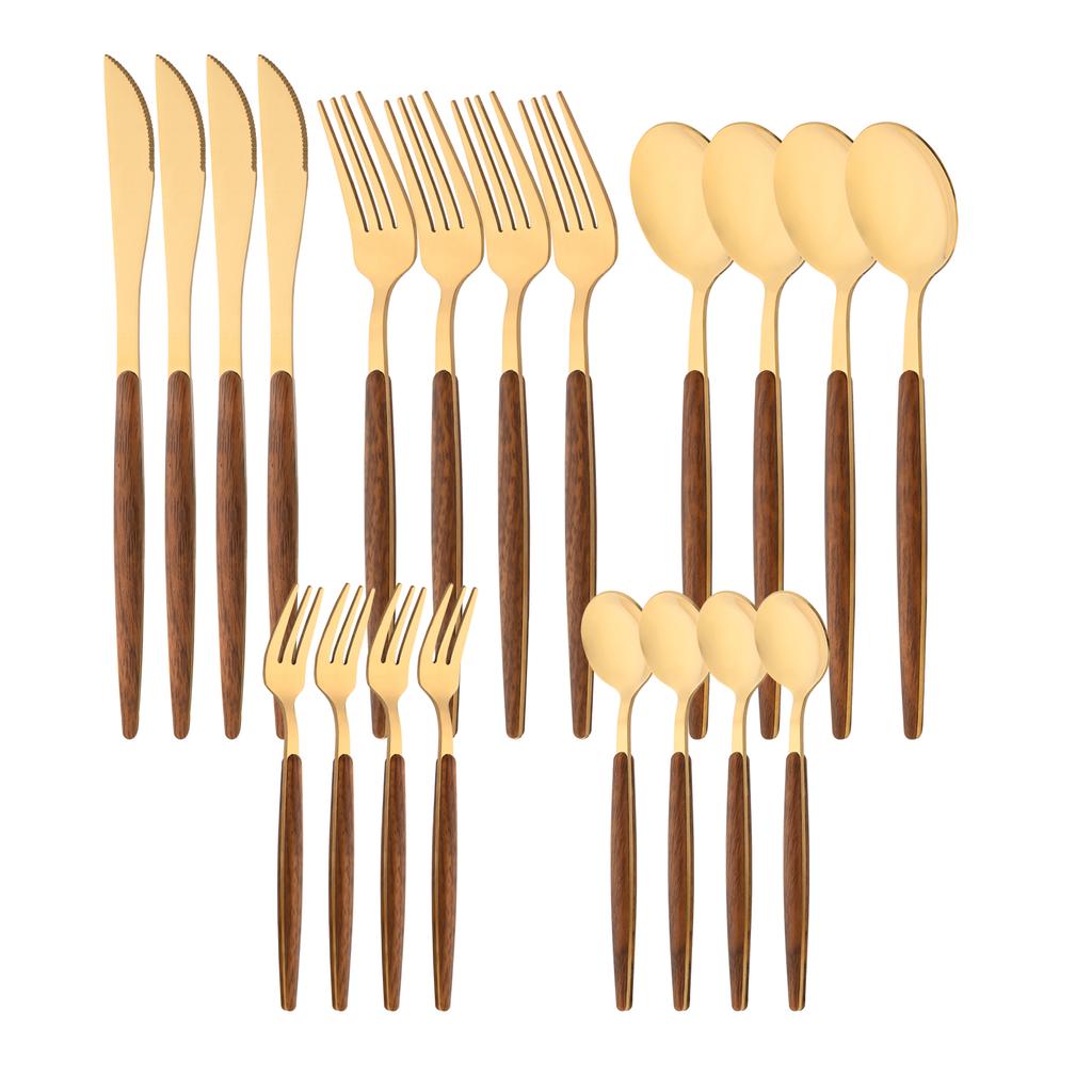 20Pcs Wooden Handle Dinnerware Steak Knife Coffee Spoon Cake Fork Set Mirror Stainless Steel Tableware Kitchen Utensils Eating Silverware