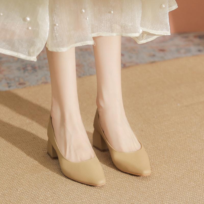 Мягкая кожа, не устают ноги, квадратный носок, высокий каблук, средний каблук, толстый каблук, туфли-лодочки, женские туфли для бабушки, новые