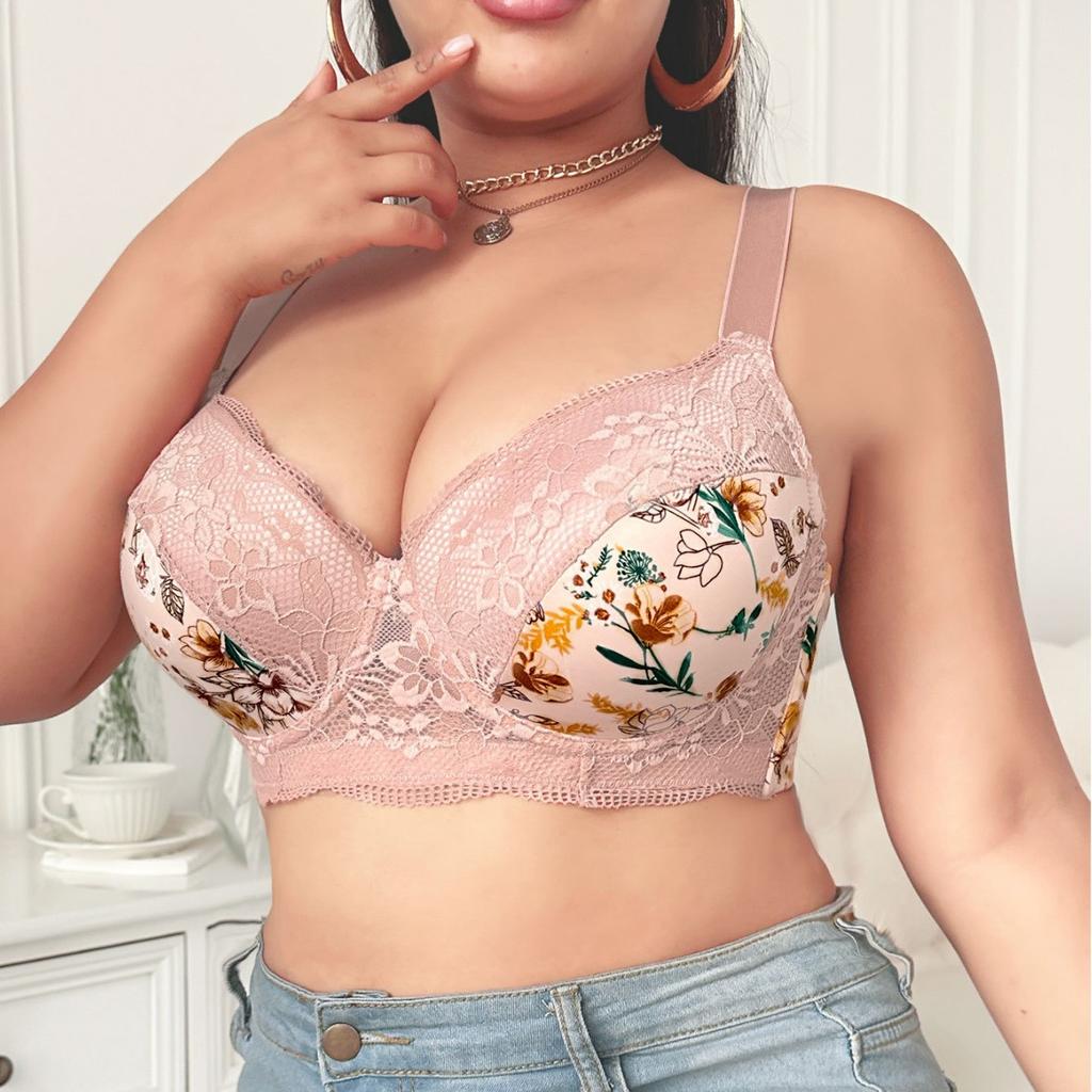 European and American New Large Size Pure Desire Underwear Printing Sexy Deep V Gathered Bra Large Size Underwear