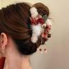 Festive Plush Bow Tassel Bell Claw Clip for Updo Hairstyles