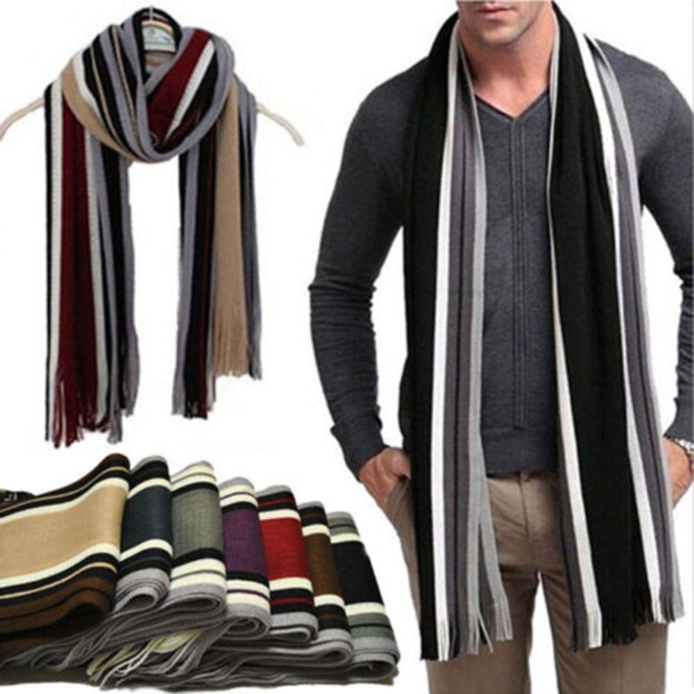 Neck Warm Men Striped Scarf Thick Neck Wrap Casual Winter Long Shawl
