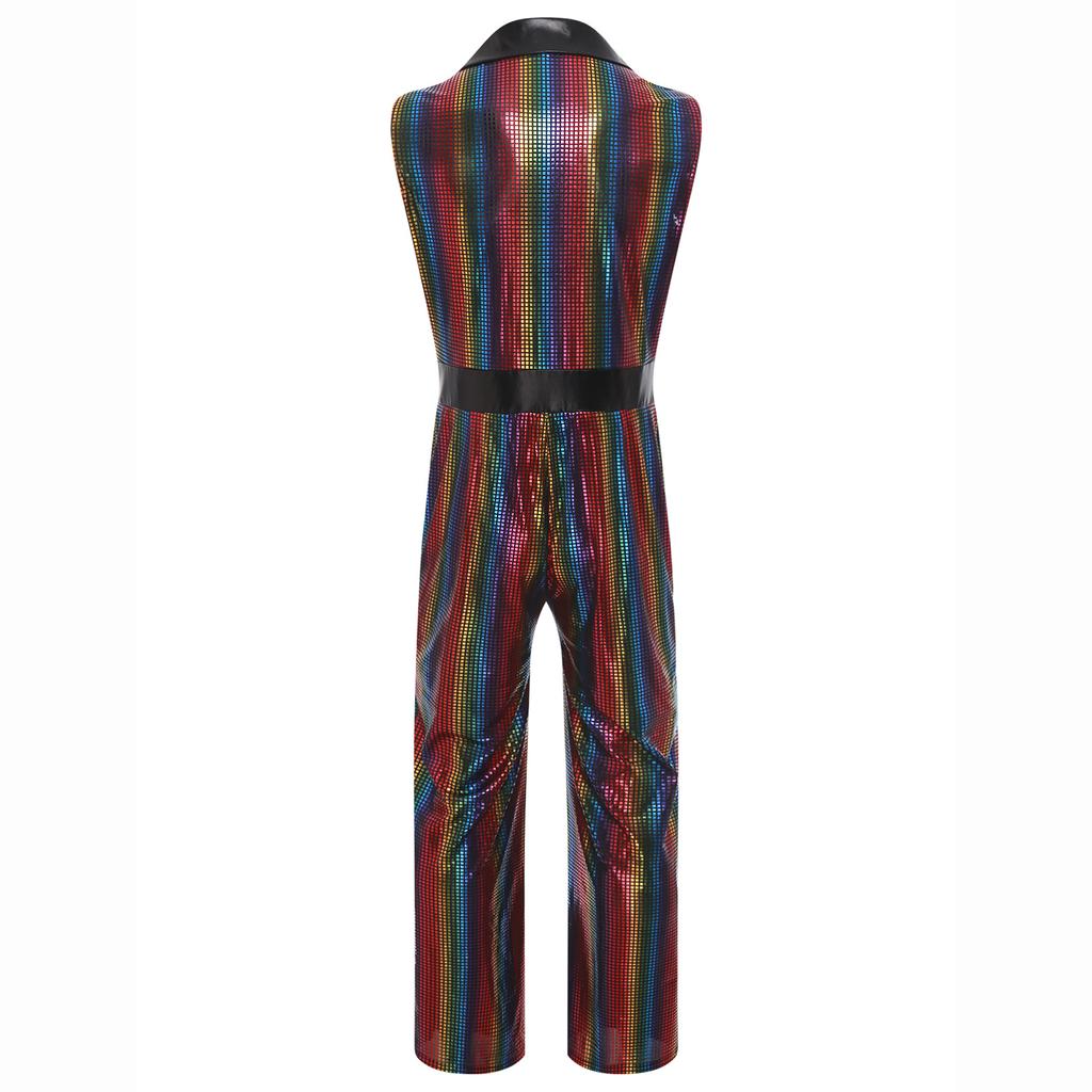 Retro 1920s Disco Outfit for Men M-3XL Metallic Shiny Plaid V Neck Lapel Sleeveless Wide Leg Jumpsuit for Club Rave Stage