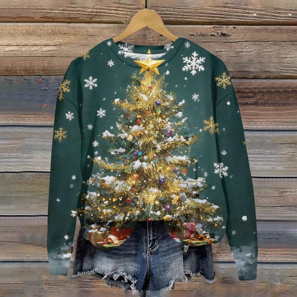 Женская модная рождественская принтованная толстовка с длинным рукавом и круглым вырезом