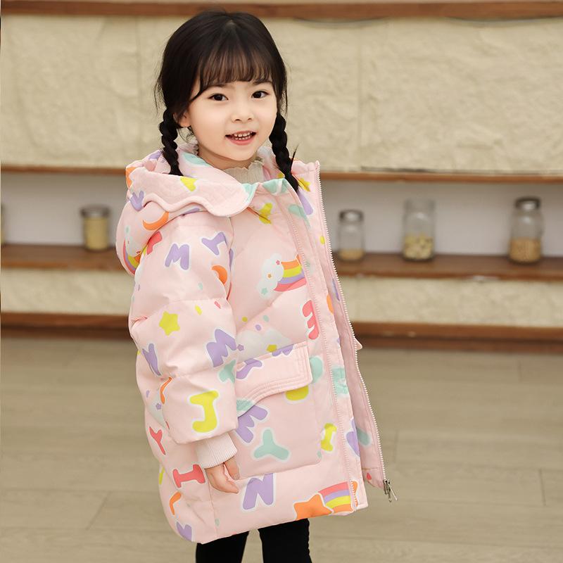 Детская пуховая куртка для девочек средней длины, новый стиль, утепленное стильное пальто для маленьких и средних детей