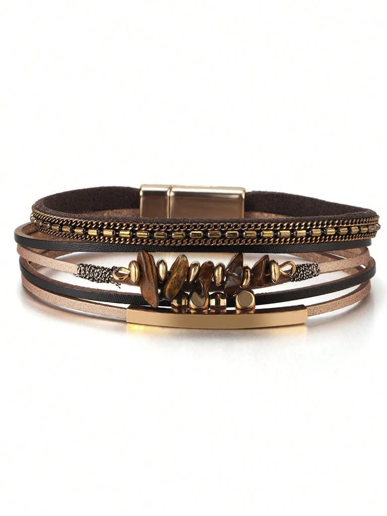 One Piece European and American Style Natural Stone Beaded Brass Tube Design Cowhide Rope Women Green Bracelet Summer Beach