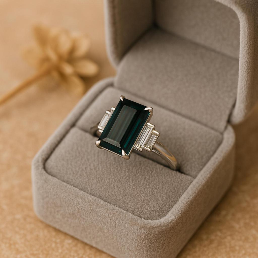 Emerald Cut Emerald Ring for Women | Baguette Cubic Zirconia Side Stones | 925 Sterling Silver Statement Ring | Wedding, Engagement, Anniversary Gift