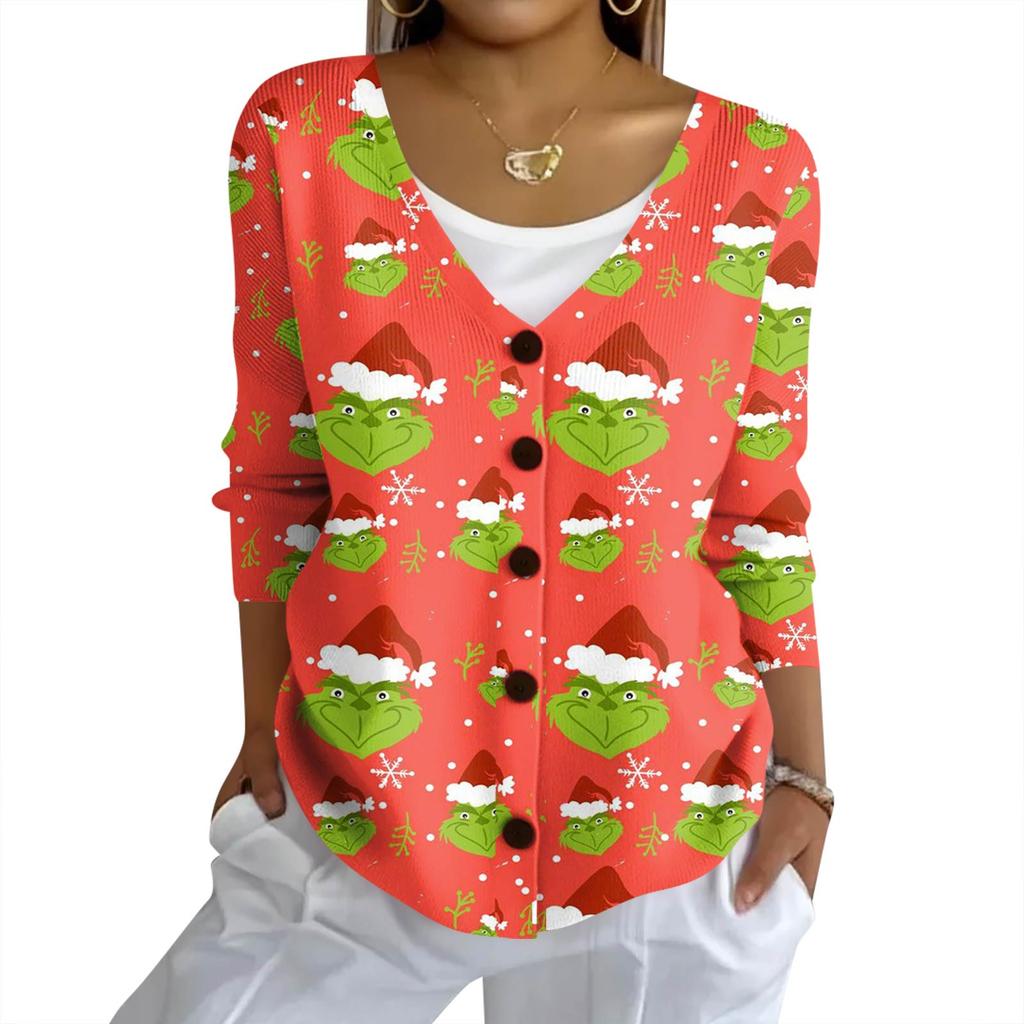 Women's Fashion Casual Knit Sweater Button-Up Christmas Print Cardigan Jacket