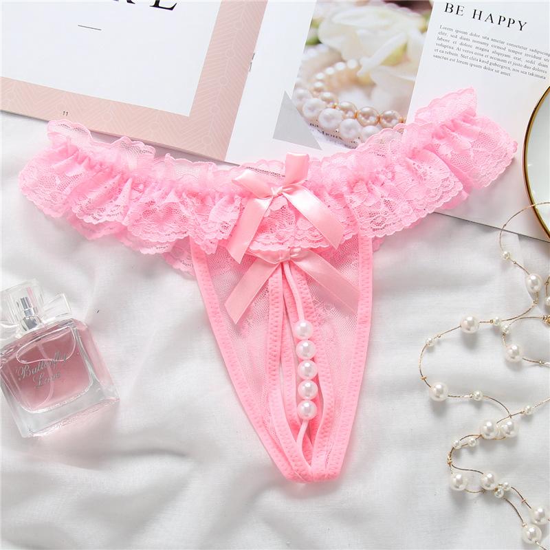Free Shipping Plus Size 6 Color Lace Open Crotch Women Thong Massage Pearl Sexy Panties Lingerie Transparent Hot Beads Pants