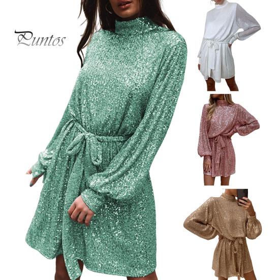 Женское платье со шнуровкой и блестками, короткое платье с круглым вырезом и длинными рукавами, однотонное весенне-осеннее платье с поясом на талии для вечеринок, свадеб, клубов, баров