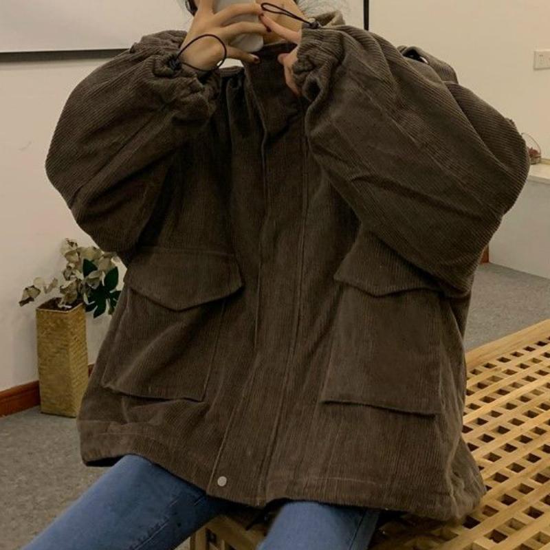 Parkas Women Chic Patchwork Corduroy Vintage Thick Loose Winter Warm Female Outwear Newest Fashion Pocket Ladies All-match