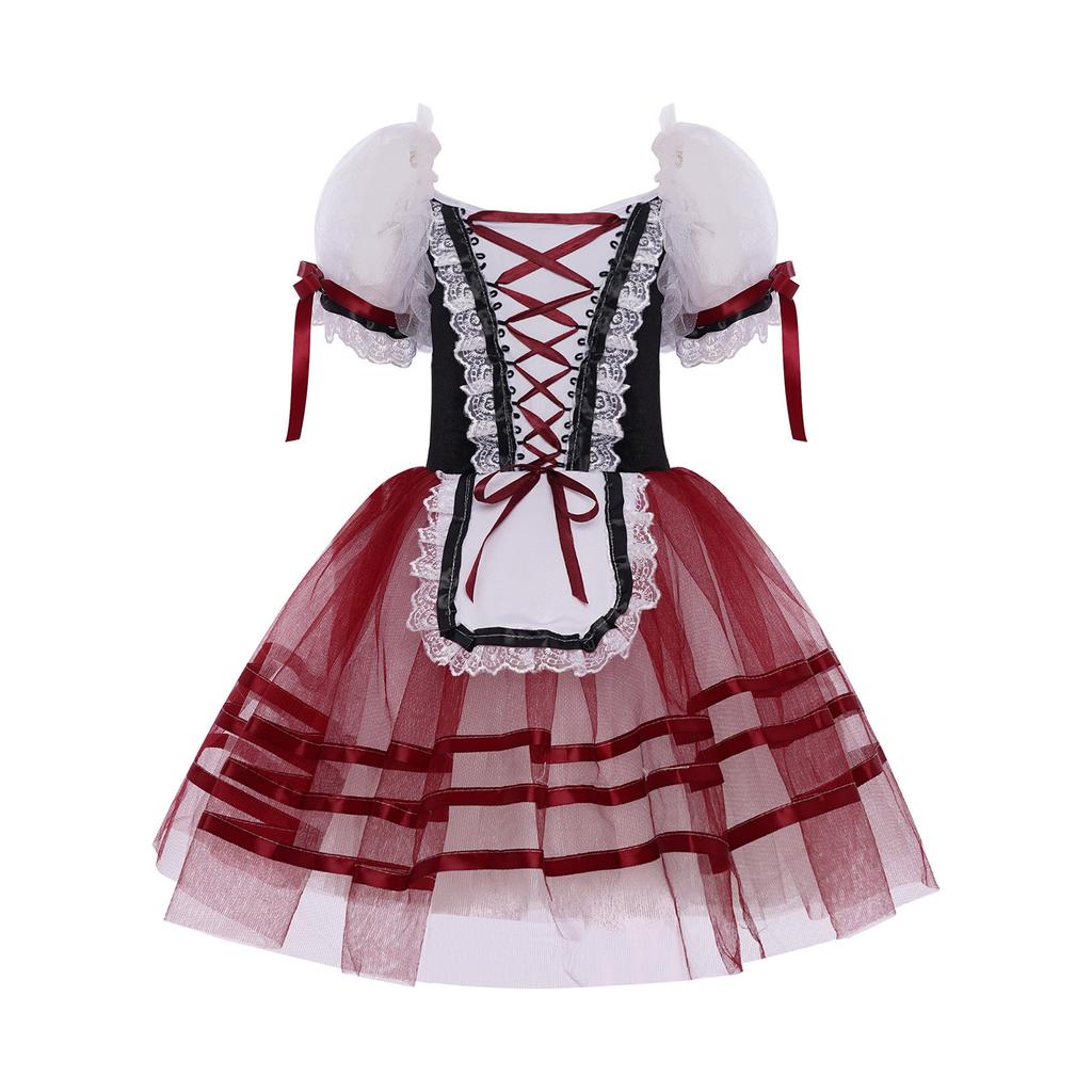 Girls Puff Sleeve Layered Tutu Dress Lace Trim Velvet Bodice Lace Up Back Ballet Costume