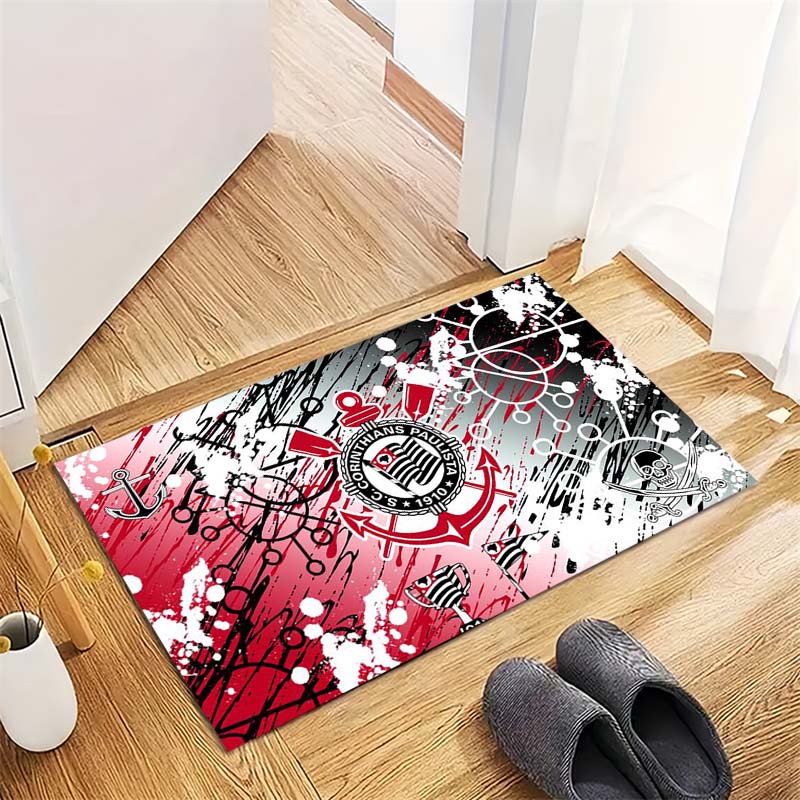 Corinthians Paulista FC Anchor Grunge Crest Area Rug, Non Slip Red Black Floor Mat for Soccer Fan Living Room Decor